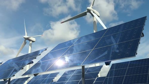 Types of Ecological Clean Power with Solar Panels Cells and Wind Turbines Loop 4k
