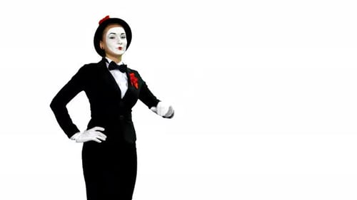 Funny Woman Pantomime zeigt und spricht über etwas auf weißem Hintergrund
