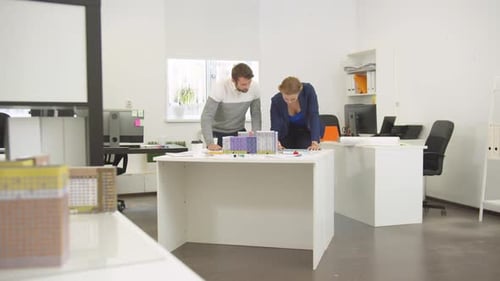 Man and Woman Discuss a Project of Houses in the Office