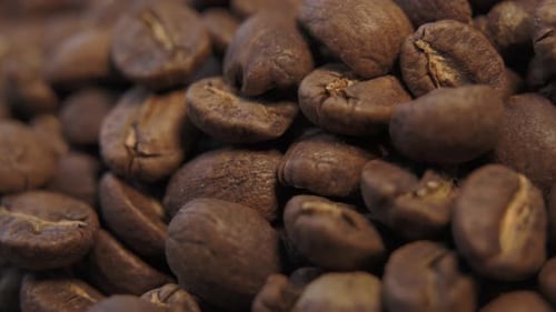 Up close macro view of freshly roasted, brown coffee beans to be used for hot, black coffee rotating
