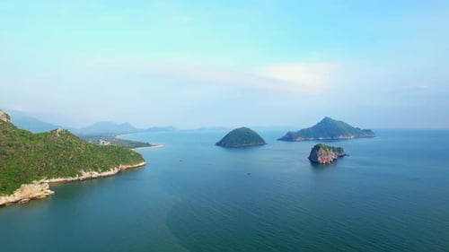 4K aerial drone view of landscape, Flight over sea. A beautiful island located close to the coast.