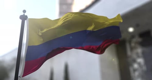 Flag of Colombia Waving in the Wind with Lens Flare