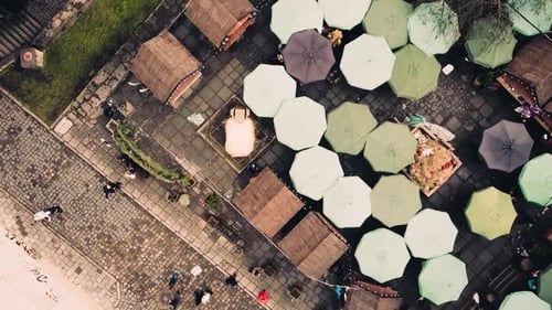 Aerial view of a drone flying over the Christmas fair.