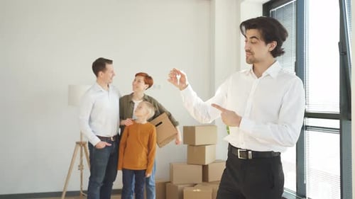 Family Couple Moving Into New Apartment Realtor Or Real Estate Agent Make Successful Work