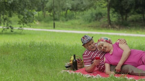 Family Weekend Picnic. Senior Old Grandparents Couple in Park Using Smartphone Online Browsing, Chat