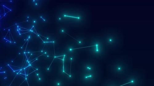 Glowing Blue Plexus Network Flying On Black Background. Abstract Plexus Dot Moving On Black Bg, Pol