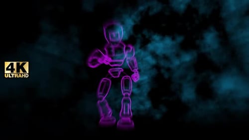 Dancing Neon Robot Figure in Cyber Smoke Loop