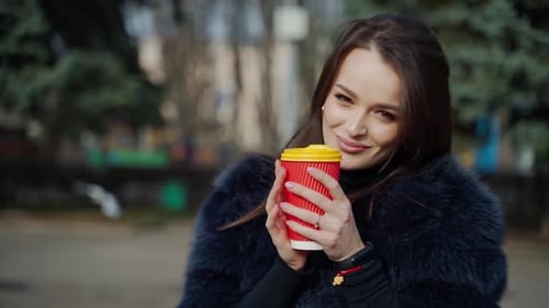 Fashion outdoor video of beautiful sensual girl with dark hair wearing luxurious fur coat,holding pa