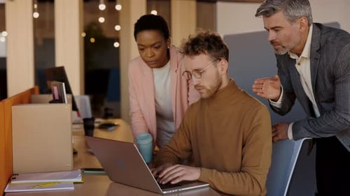 Team Working on Laptop in Modern Office