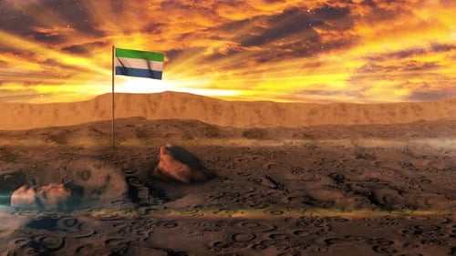 Waving Flag on a Cratered Alien World with Dramatic Sky