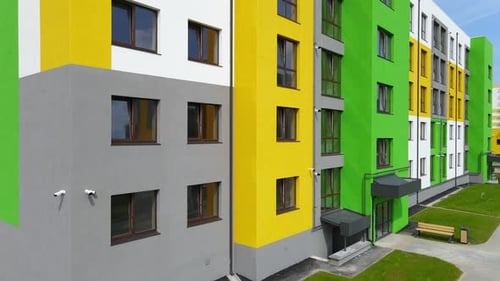 New Neighborhood, New Multi Storey Residential Buildings. Camera Movement Up. Aerial View