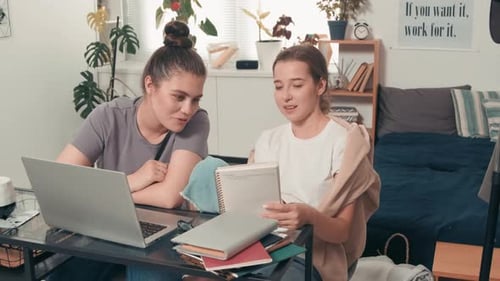 Two Young Adults Collaborating Indoors on Laptop