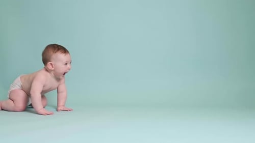 Happy toddler baby crawling on studio blue background. Funny child boy