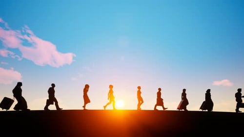 Silhouettes of Diverse People Walking into Sunset Horizon