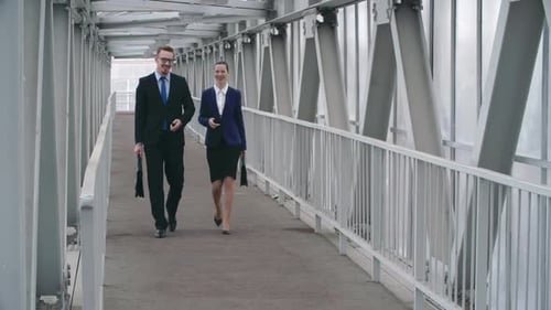 Business Colleagues Walking and Talking in Enclosed Walkway