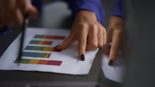 Executive Woman Hands Analyze Diagram Show Finance Chart Information in Office