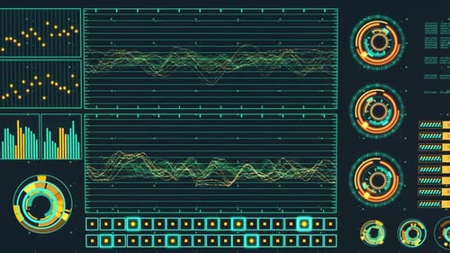 Advanced futuristic graphic interface. Displays abstract diagrams and charts.