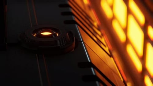 Gelbe Lichter und Metallpaneele im futuristischen Interieur
