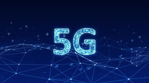 Blue digital 5G logo with line connection and futuristic technology icon levitation