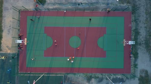 Aerial View. Park with a Basketball Field and a Training Platform, Sports Area