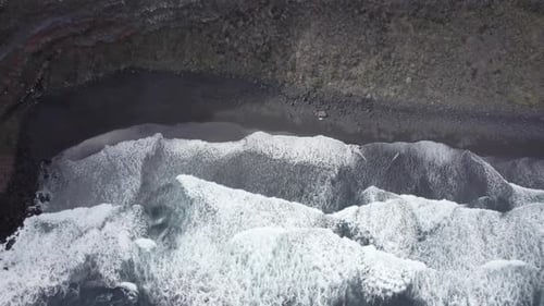 Foamy Waves Splashing In The Sea - Los Nogales Beach La Palma, Spain - aerial top down