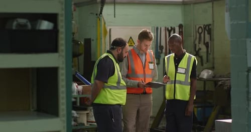 Two Caucasian and an African American male factory worker in discussion
