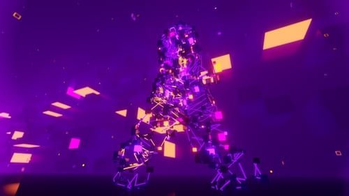 Futuristic Digital Human Figure Walking Through Cyber Tunnel