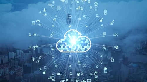 Cloud-Computing-Konzept. Intelligente Stadt. Kommunikations-Netzwerk