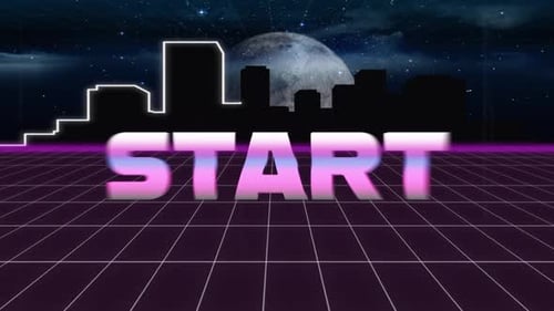 Animation vintage video game screen with metallic word start written