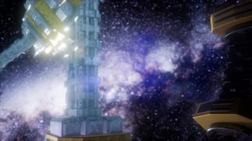 Futuristic Space Station Flying Through Deep Space Nebula