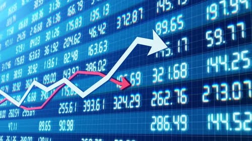 Financial 3d chart with indexes of securities and bonds with two economic curves 4k