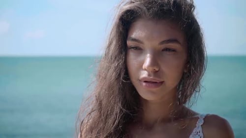 Portrait of Young Beautiful Girl Near the Pool, View on Ocean, Relax and Having Fun on Vacation