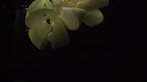 Slow Motion Shot: Pieces of Green Apple Falls and Floats in Water. Black Background. Food Video