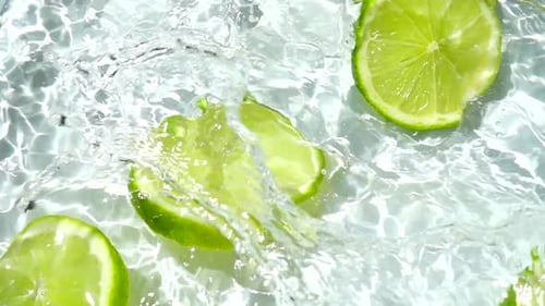 Lime Slices Splashing in Clear Water