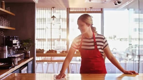 Woman Cleaning Counter in Bright Cafe