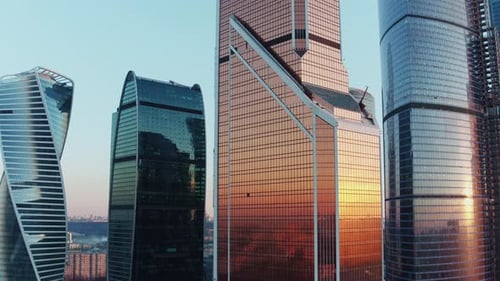 Office Skyscrapers in Moscow Business Centre at Sunset, Aerial View