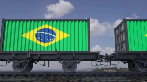 Brazilian Flag on Moving Freight Train Containers
