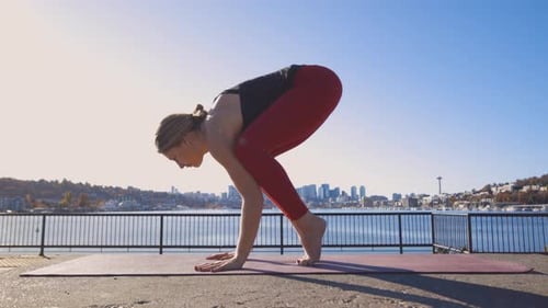 Yoga Arm Balance Pose By Strong Beautiful Woman At Seattle Washington City Waterfront Park Sunny Day