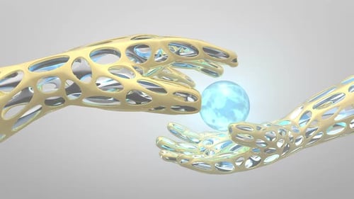 Abstract Golden Geometric Hands Interacting with Glowing Blue Orb