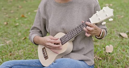 Asian Woman enjoy play ukulele and song in the park
