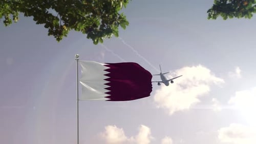 Waving Qatar Flag with Airplane Flying Above Modern City
