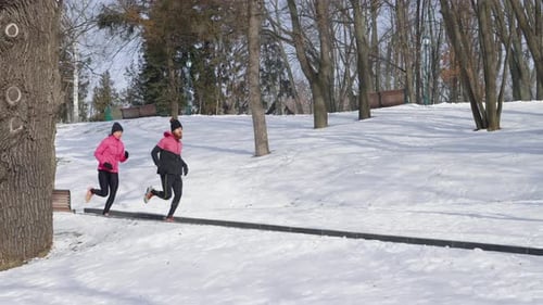 Slow Motion Couple of Joggers in Winter Park