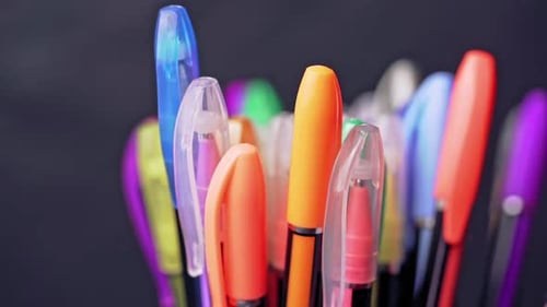Many different colored pens.Tools for drawing, education, school, creativity.