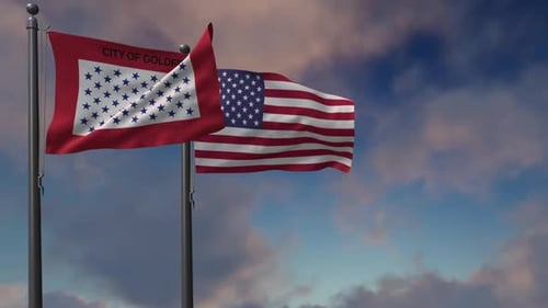 Waving City of Goldfield and American Flags Animation