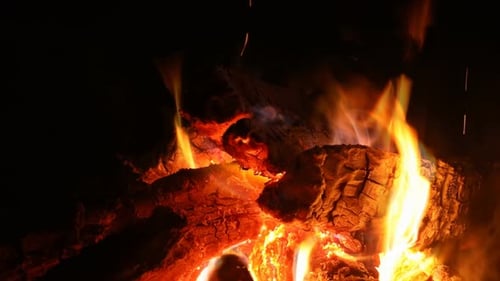 Close-up of a Crackling Fire at Night
