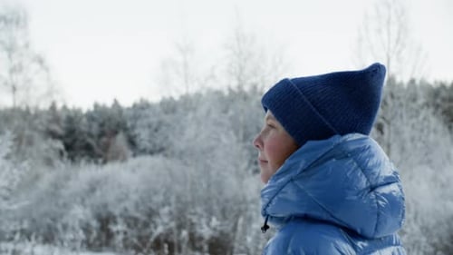 Cheerful Girl Blue Knitted Hat Jacket Walking Snowy Forest Winter Frosty Day