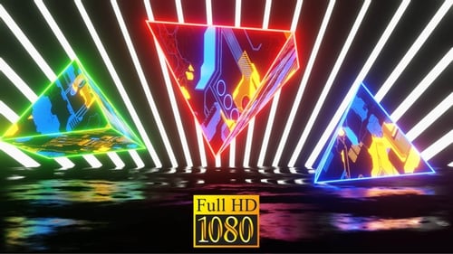Futuristic Neon Pyramids Reflective Background Loop