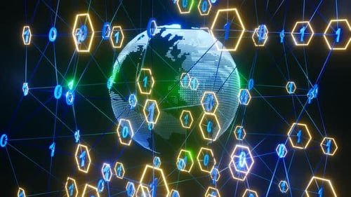 Artistic infographics binary numbers tunnel and Earth globe rotation. Technology Network