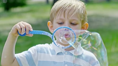 Blond Boy Blowing Bubbles in Green Park