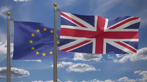 European Union and United Kingdom Flags Waving Loop